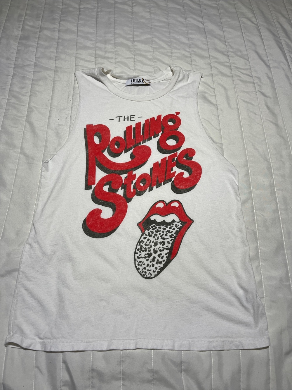 LET LUV White Rolling Stones Graphic Muscle Tank with Red Logo